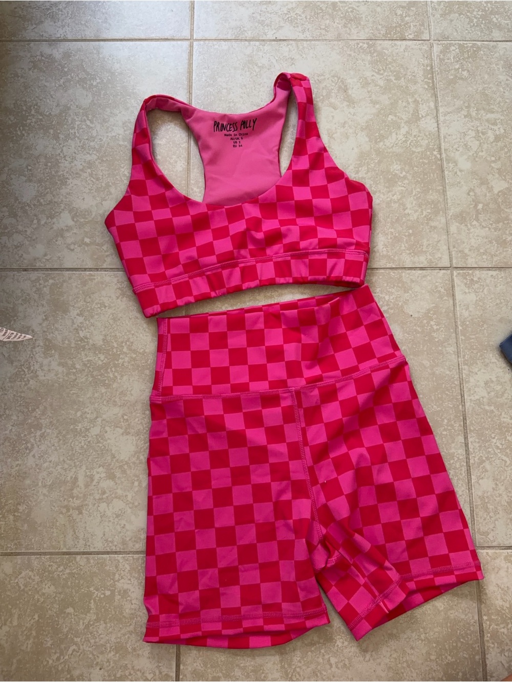 Princess Polly Hot Pink Checkered Racerback Sports Bra & Bike Shorts Set